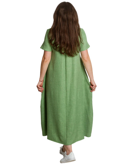 Лятна разкроена ленена рокля с V - деколте и джобове - Maxi Market