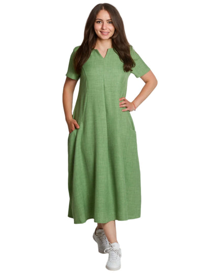 Лятна разкроена ленена рокля с V - деколте и джобове - Maxi Market