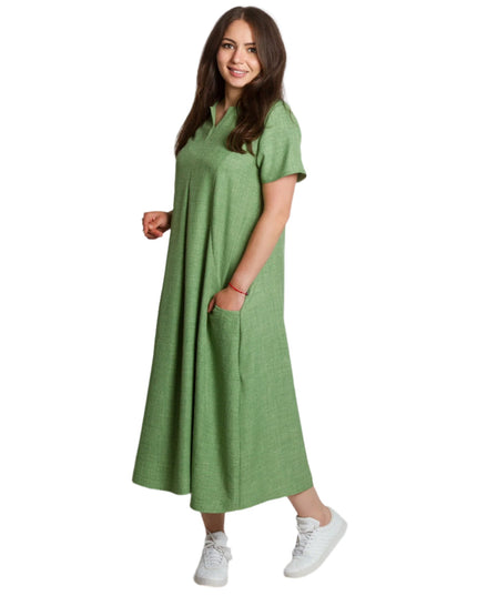 Лятна разкроена ленена рокля с V - деколте и джобове - Maxi Market