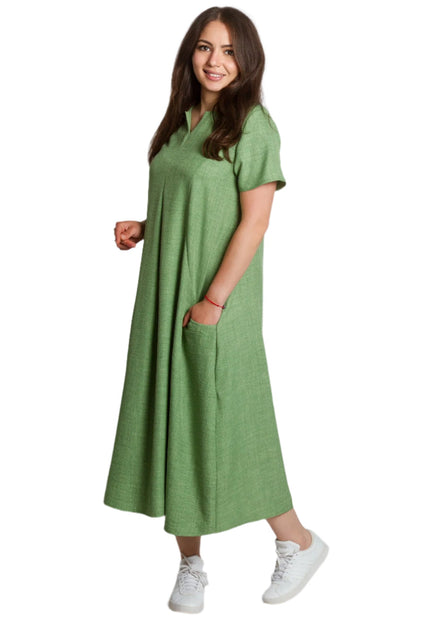 Лятна разкроена ленена рокля с V - деколте и джобове - Maxi Market