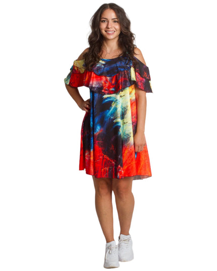 Лятна рокля с волани и открити рамене в многоцветен принт - Maxi Market