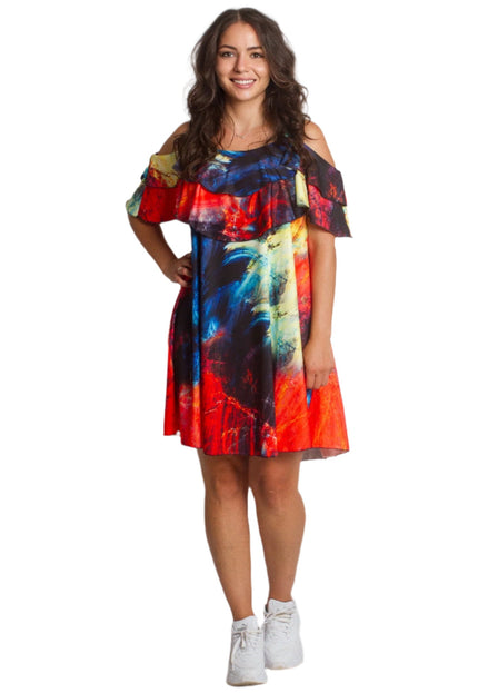 Лятна рокля с волани и открити рамене в многоцветен принт - Maxi Market