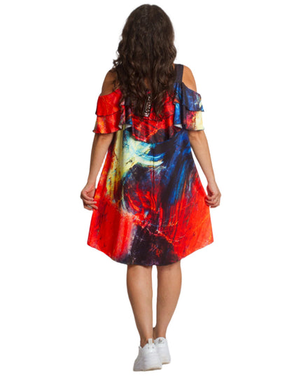 Лятна рокля с волани и открити рамене в многоцветен принт - Maxi Market