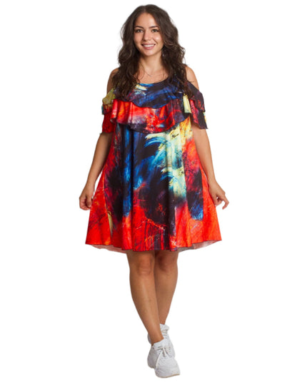 Лятна рокля с волани и открити рамене в многоцветен принт - Maxi Market