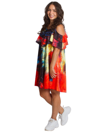 Лятна рокля с волани и открити рамене в многоцветен принт - Maxi Market