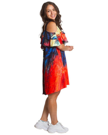 Лятна рокля с волани и открити рамене в многоцветен принт - Maxi Market