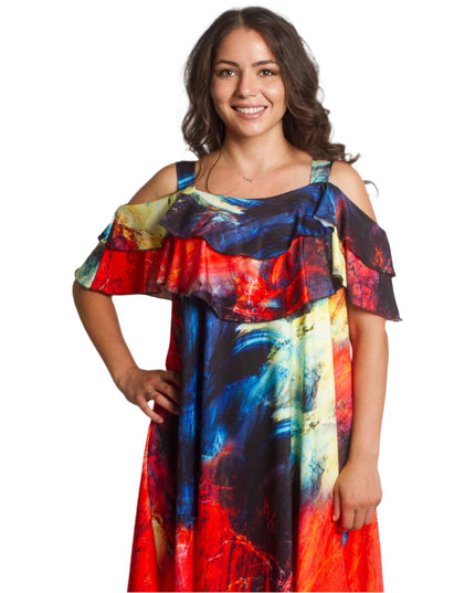 Лятна рокля с волани и открити рамене в многоцветен принт - Maxi Market