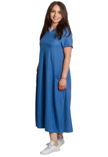 Лятна синя разкроена ленена рокля с V - деколте и джобове - Maxi Market