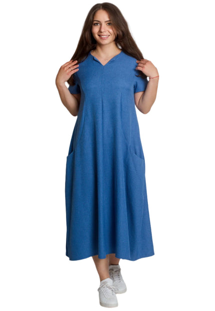 Лятна синя разкроена ленена рокля с V - деколте и джобове - Maxi Market