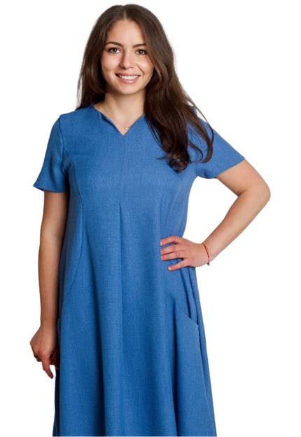 Лятна синя разкроена ленена рокля с V - деколте и джобове - Maxi Market