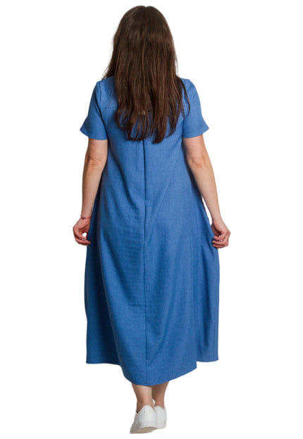 Лятна синя разкроена ленена рокля с V - деколте и джобове - Maxi Market