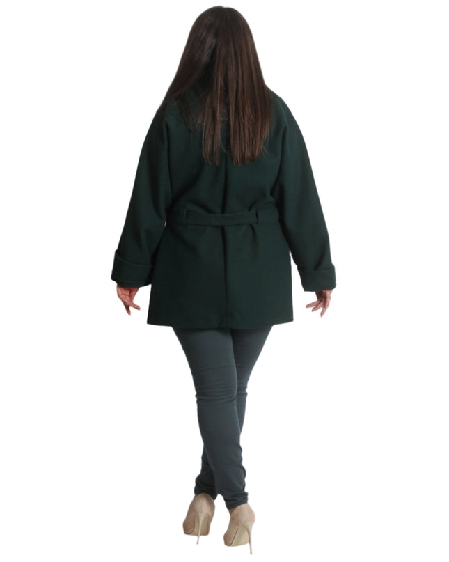 Plus-Size Green Wool Blend Coat with Tie - Stylish & Warm