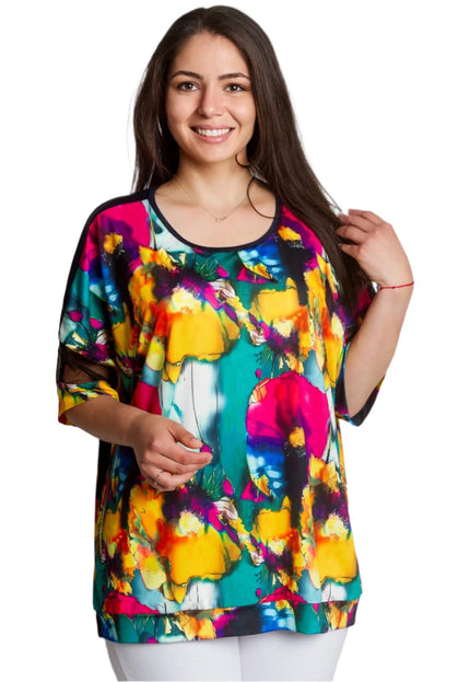 Многоцветна макси туника с флорален принт и мрежести ръкави - Maxi Market