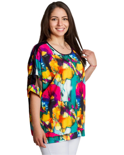 Многоцветна макси туника с флорален принт и мрежести ръкави - Maxi Market