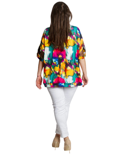 Многоцветна макси туника с флорален принт и мрежести ръкави - Maxi Market