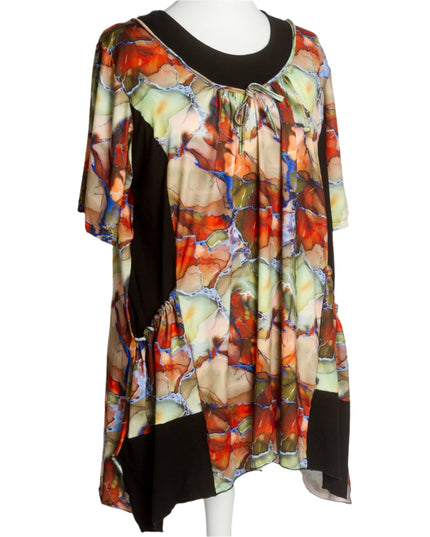 Многоцветна разкроена туника с джобове и връзки на деколтето - Maxi Market