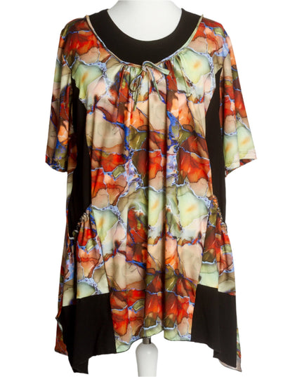 Многоцветна разкроена туника с джобове и връзки на деколтето - Maxi Market