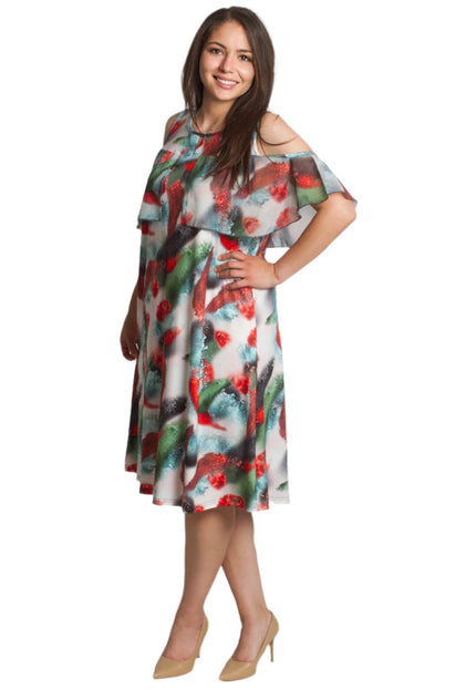 Многоцветна рокля с отворени рамене и ефирен волан - Maxi Market