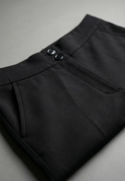 Детайл отблизо на колана с две копчета и страничен джоб на официален черен панталон големи размери.