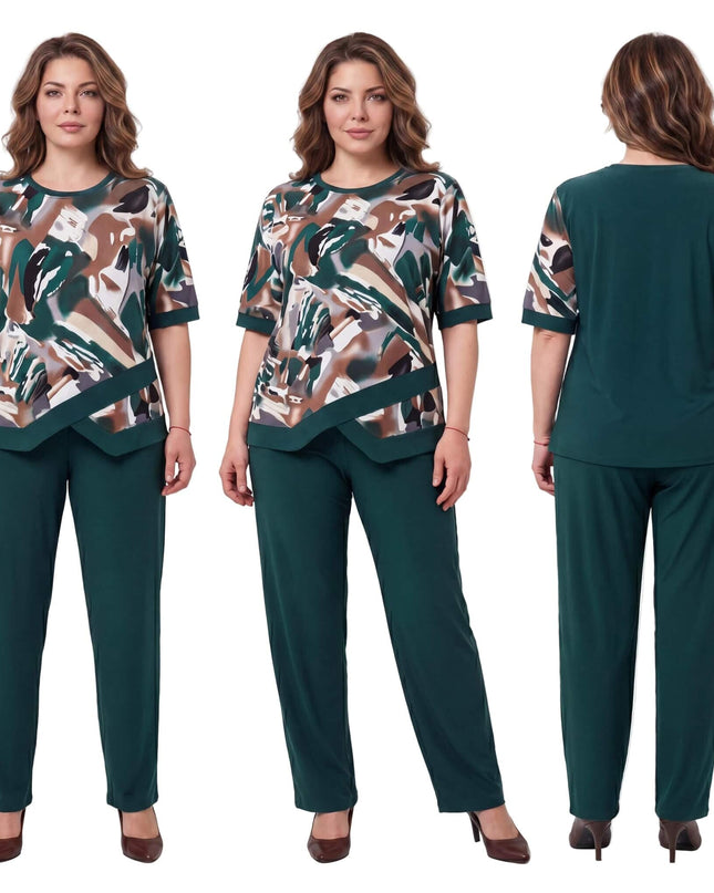 Официален масленозелен макси комплект от туника с абстрактен принт и панталон, представен отпред и отзад в цял ръст на бял фон.