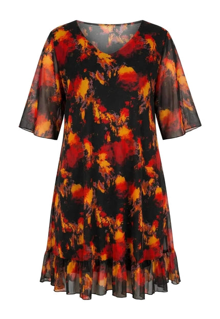 Официална черна макси рокля с огнен принт, прозрачни ръкави и V-образно деколте, изглед отпред на бял фон.