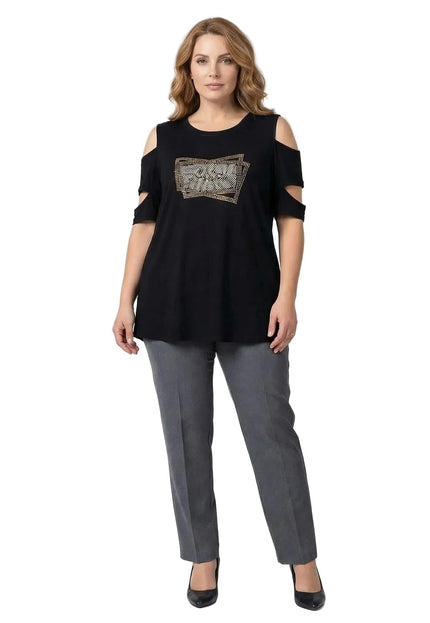 Официална черна макси туника с отворени рамене и бляскава апликация от камъчета. Моделът е представен в цял ръст на бял фон.