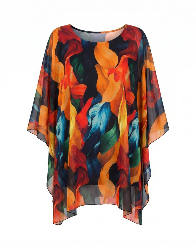 Официална лятна макси туника тип пончо с ефирен силует и пъстър абстрактен десен, заснета отпред на бял фон.