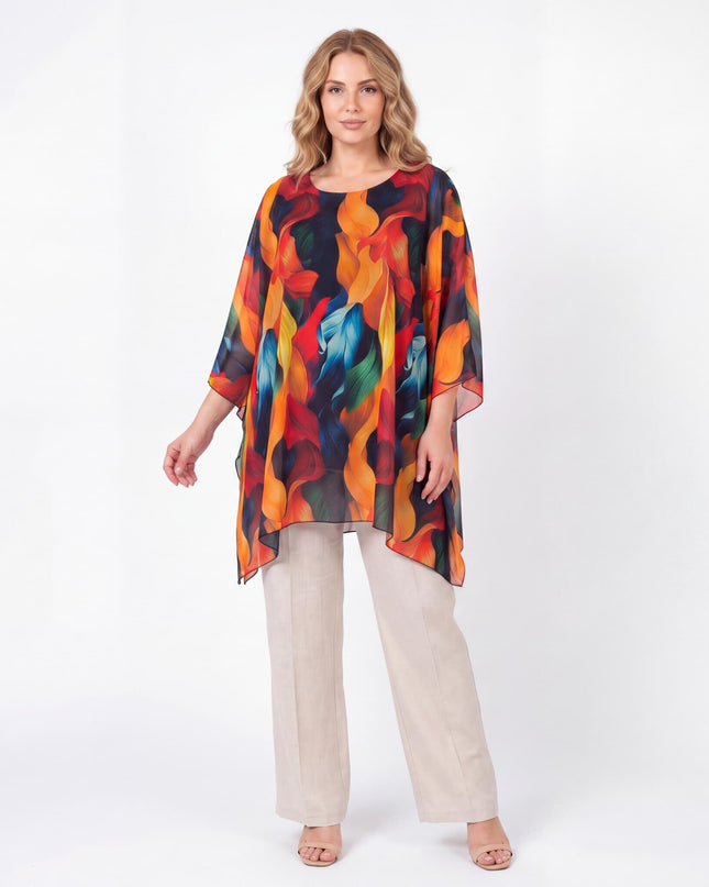 Официална лятна макси туника тип пончо с ефирна кройка и пъстър десен в червено и синьо, представена в цял ръст.