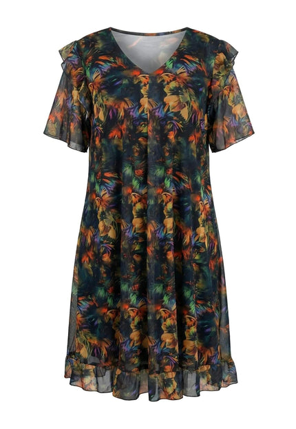 Официална макси рокля от цветен шифон с ефектен ръкав и абстрактен принт, заснета в цял ръст отпред на бял фон.