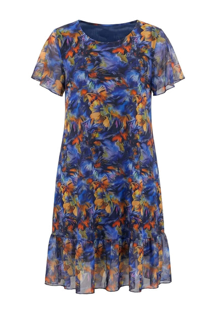 Официална макси рокля от пъстър шифон с разкроен силует – плосък кадър на бял фон, показващ предната част с флорален принт и къси ръкави.