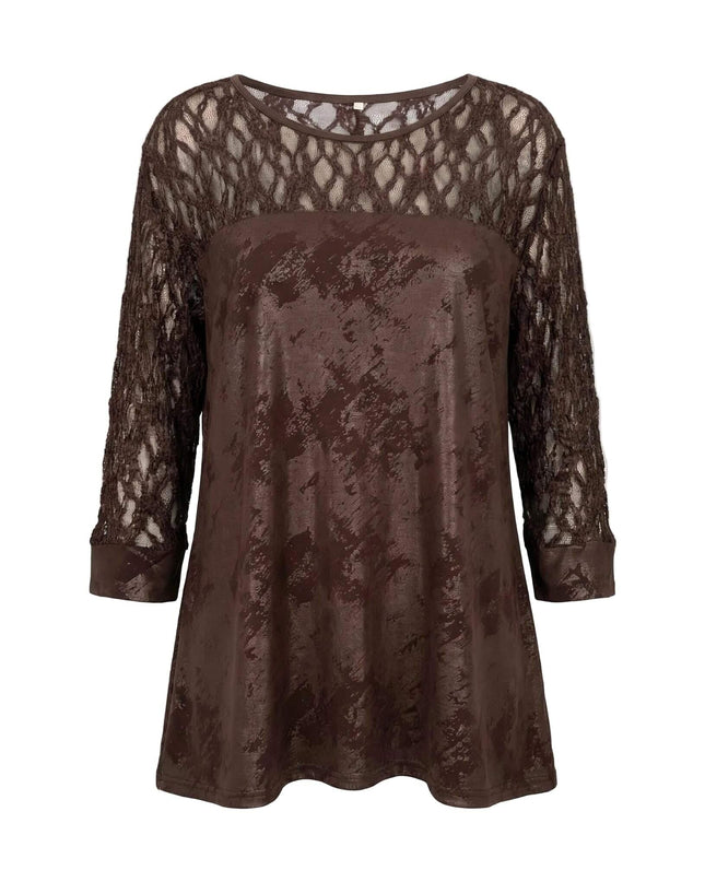 Официална макси туника в кафяво с ефектна прозрачна дантела около раменете и ръкавите, заснета отпред на бял фон.