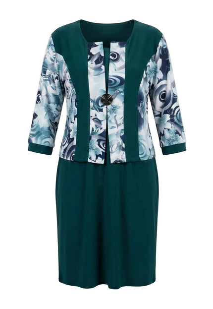 Официална масленозелена рокля с флорални мотиви, 3/4 ръкави и декоративна брошка, заснета отпред на бял фон.