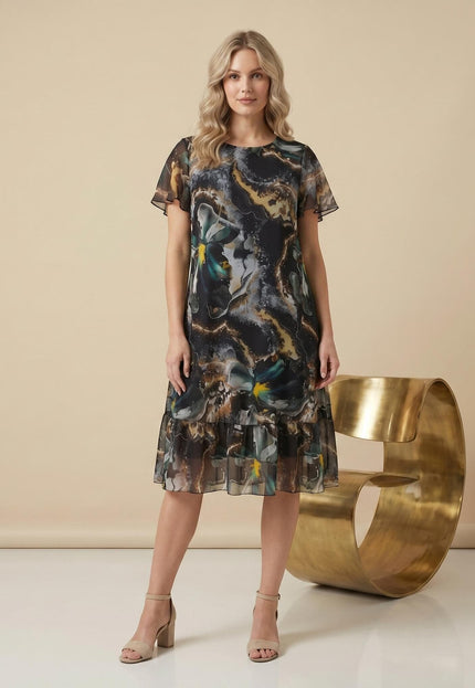 Официална разкроена макси рокля от шифон с абстрактен принт и къси ръкави, представена отпред в цял ръст.