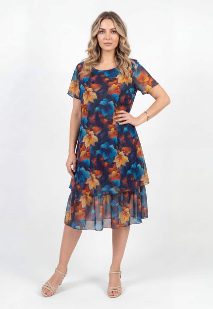 Елегантна тъмносиня макси рокля от шифон с многоцветен принт на листа и ефирни ръкави, показана в цял ръст.