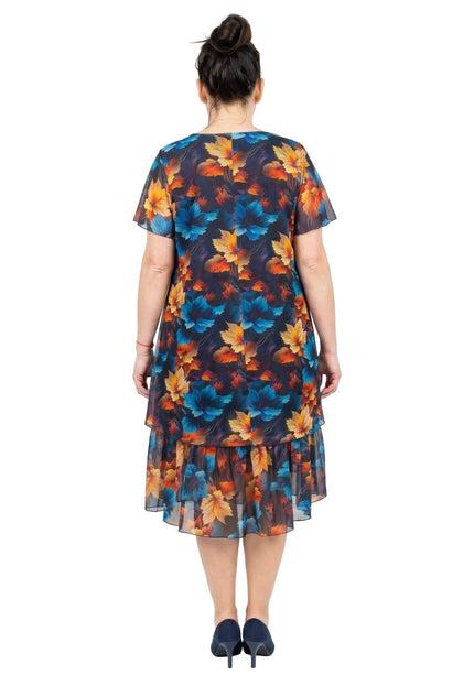 Официална тъмносиня макси рокля от шифон с многоцветен принт на листа, изглед отзад на бял фон