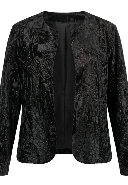 Официално дамско макси сако от черен релефен велур без закопчаване, заснето на бял фон.