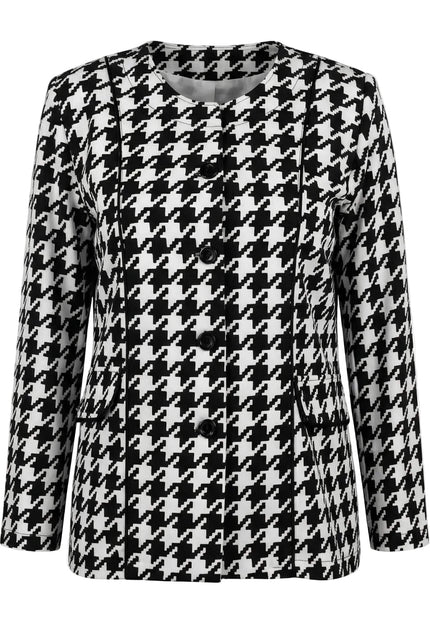 Официално дамско сако пепит в бяло, голям размер, с обло деколте, черни копчета и декоративни кантове, заснето отпред на бял фон.