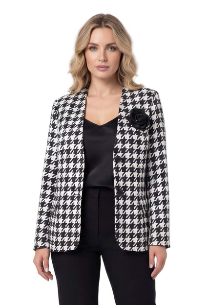 Официално дамско сако в класически десен пепит с декоративна черна роза на ревера. Снимката показва модел отпред на бял фон, демонстриращ елегантната кройка.