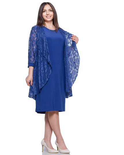 Elegant Plus Size Blue Formal Dress with Lace Wrap – Viscose Elastane