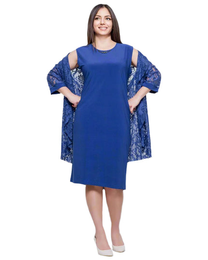Elegant Plus Size Blue Formal Dress with Lace Wrap – Viscose Elastane