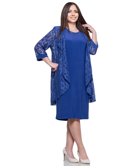 Elegant Plus Size Blue Formal Dress with Lace Wrap – Viscose Elastane