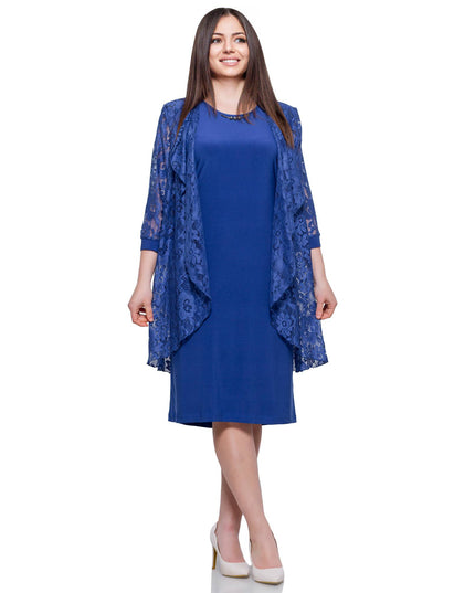 Elegant Plus Size Blue Formal Dress with Lace Wrap – Viscose Elastane