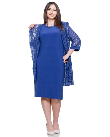 Elegant Plus Size Blue Formal Dress with Lace Wrap – Viscose Elastane