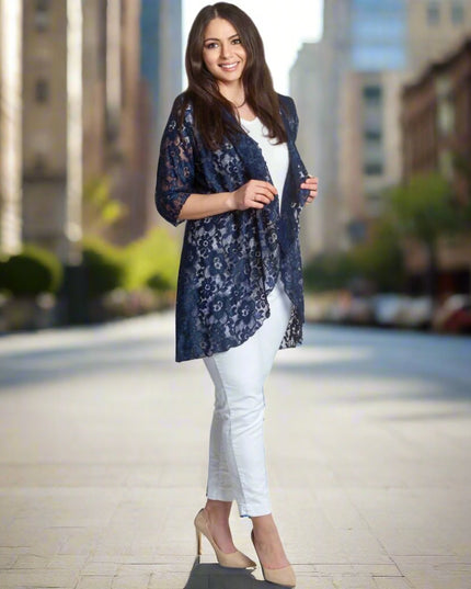 Официален макси дантелен блейзър в тъмносин цвят - Maxi Market