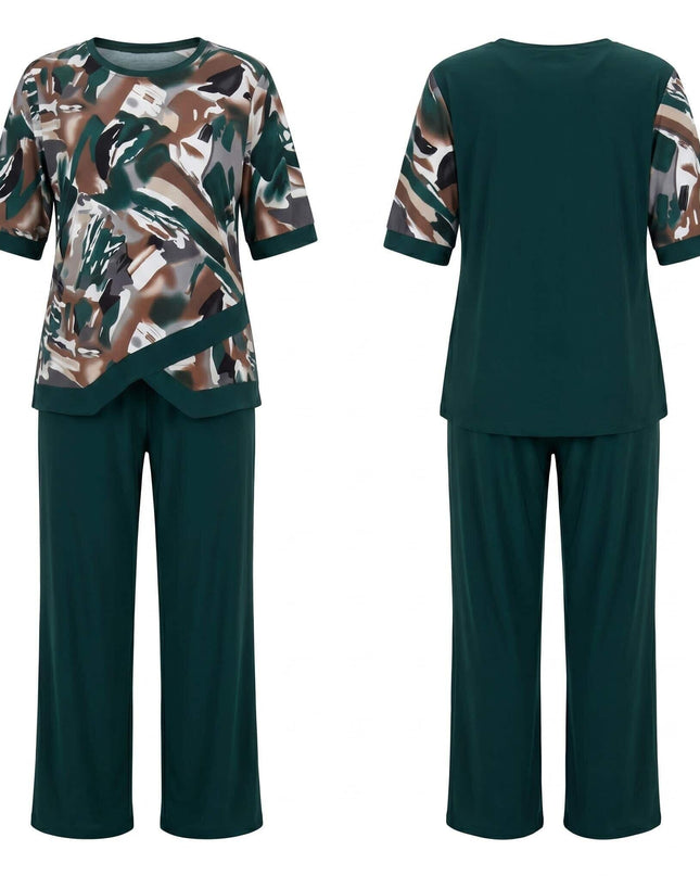Официален масленозелен макси комплект туника и панталон, показващ предна част с абстрактен принт и изчистен гръб на бял фон.