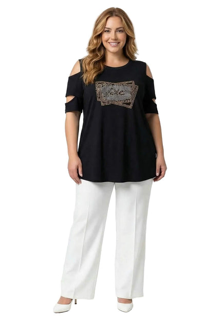 Официална черна макси туника с отворени рамене и детайл от камъчета, представена в цял ръст на бял фон.