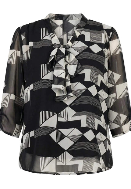 Официална макси туника с черно-бял геометричен принт, панделка и 7/8 ръкави, заснета отпред.