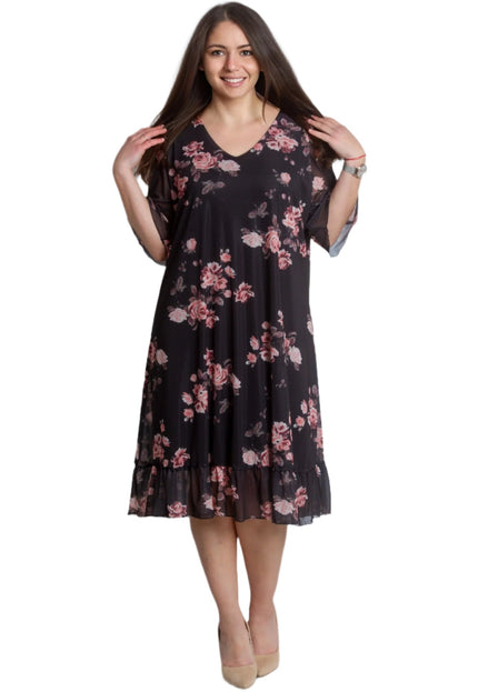 Официална черна рокля с шифон на розови цветя - Maxi Market