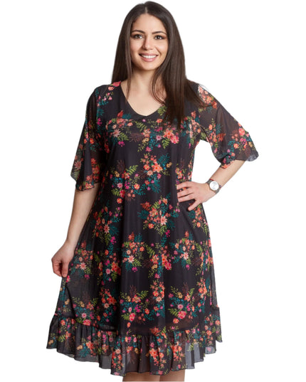 Официална черна рокля с шифон на цветя и V - деколте - Maxi Market