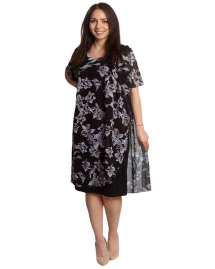 Официална черна рокля с шифон на цветя в големи размери - Maxi Market